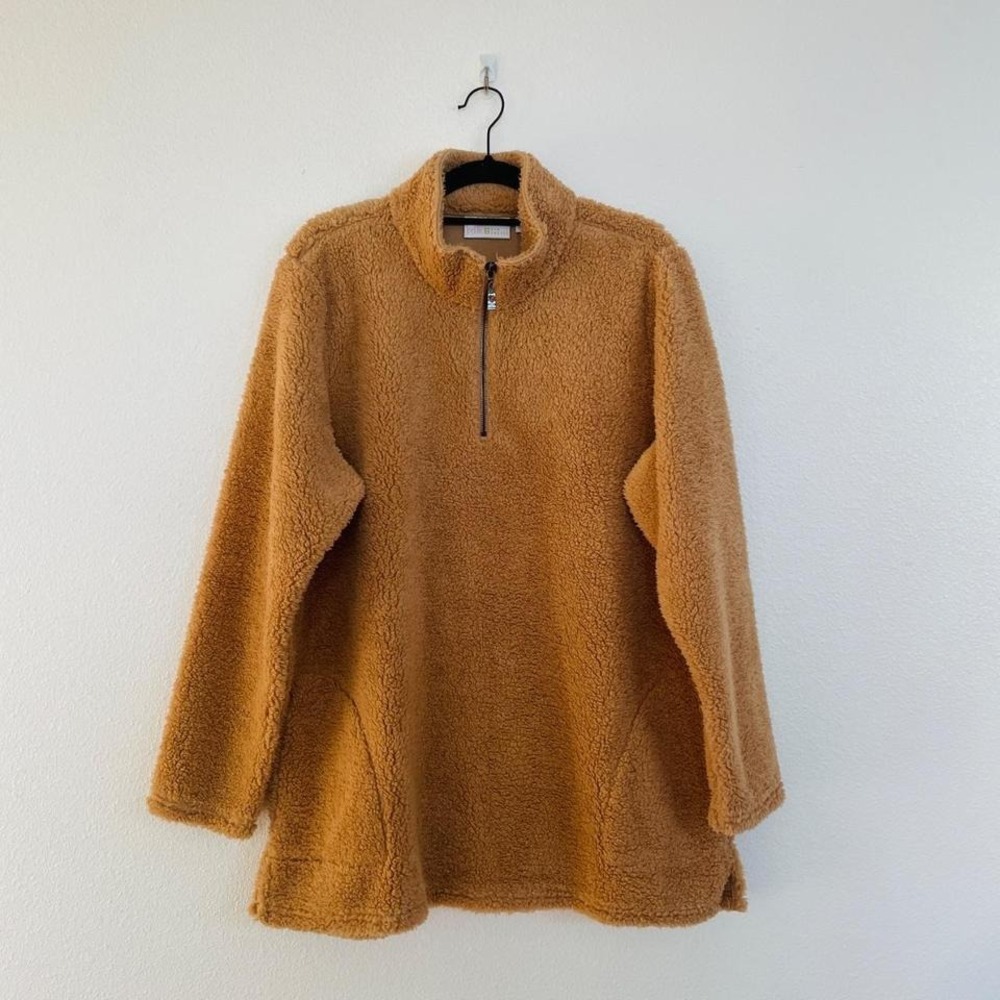 Belle by Kim Gravel Sherpa Woman's Half Zip Pullover with Pockets Size L Camel